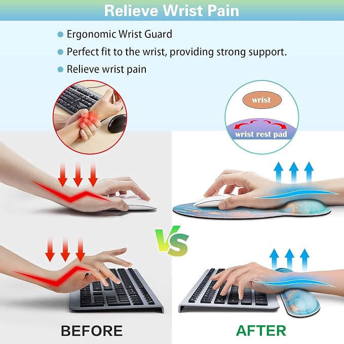 Mouse Pad Blue, 3-in-1 Mouse Pad with Wrist Rest for Keyboard and Mouse | Gaming Mousepad with Anti-Skid Base,Ergonomic Memory Foam Keyboard Gel Wrist Rest, Office Desk Accessories for Women