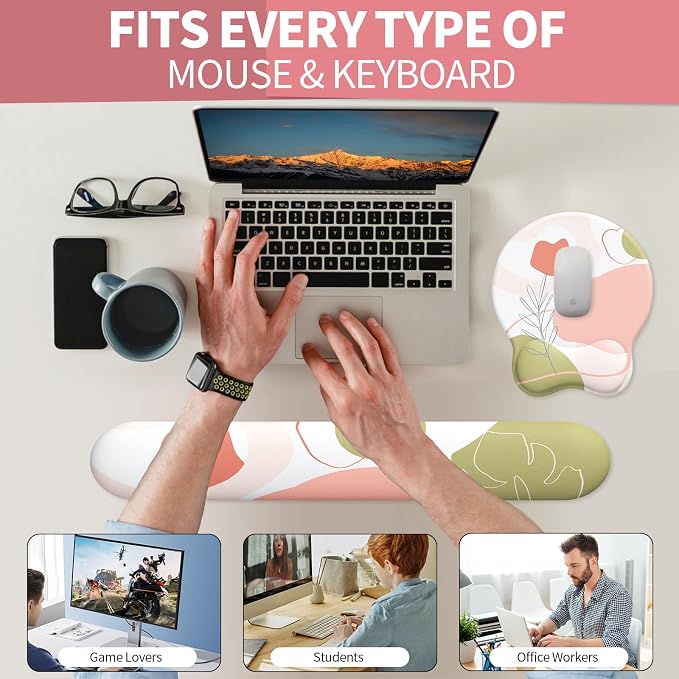 Mouse Pad Wrist Support, Ergonomic Memory Foam Keyboard Wrist Pad & Gel Wrist Rest Set for Computer Keyboard for Easy Typing & Pain Relief for Office & Home (Rose Set)