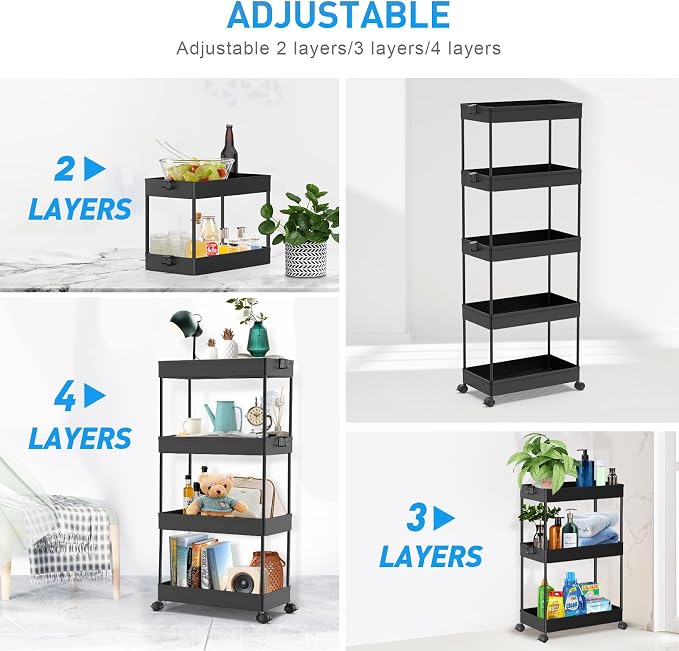 SPACEKEEPER 5 Tier Storage Rolling Cart, Bathroom Cart with Wheels, Black | Mobile Storage Cart for Laundry Room Organization,Kitchen,Office,Bathroom, Utility Cart for Snack,Craft,Art,Makeup,Nail,Toys