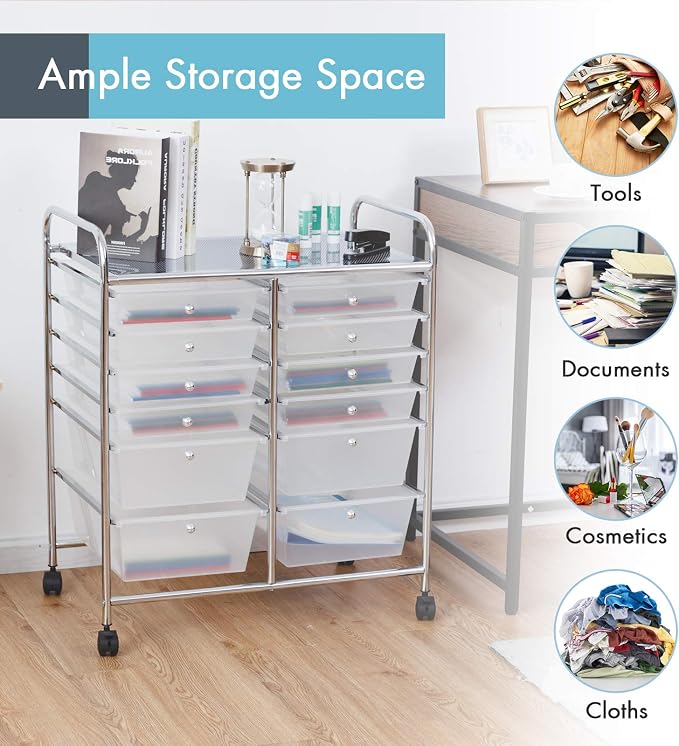 12 Drawer Rolling Storage Cart, Craft Cart Organizer on Wheels w/Metal Frame, Large Capacity & Smooth Drawer, Rolling Cart w/Drawers for Classroom, Office