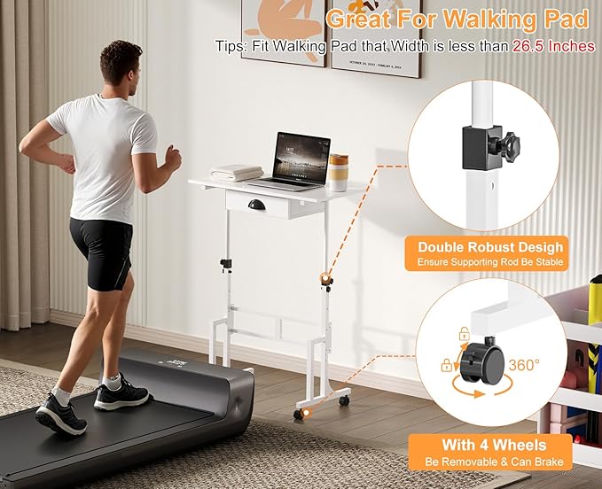 Cidaziya Adjustable Height Standing Desk for Walking Pad Treadmill, Portable Rolling Desk for Laptop with Drawer, Small Moblie Sit to Stand Desk On Wheels with Stiffener for Home Office Dorm Bedroom