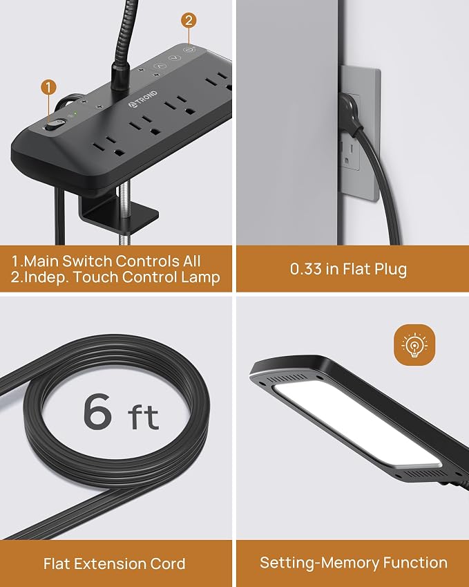 TROND LED Desk Lamp with Clamp Power Strip, 6ft Flat Plug Extension Cord | Eye Caring Desk Light with 4 Surge Protector Outlet, 15 Lighting Mode, Gooseneck for Home Office College Dorm Room Essentials
