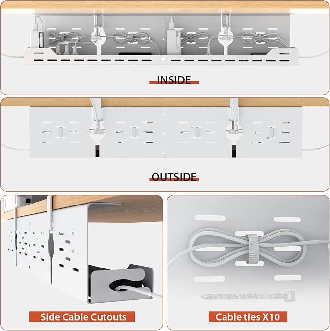 Univivi Under Desk Cable Management Tray, Cable Management, 32 inch, White | Durable Steel Material, Desk Cable Management with No-Drill C-Clamp and Screw Mount, Cord Management for Office/Home