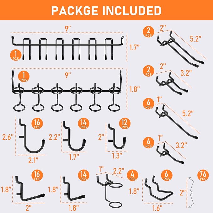 INCLY 176PCS Black Pegboard Hooks with Peg Locks, 1/4" Heavy Duty Metal | Peg Board Hooks Assortment, With Peg Locks, Pegboard Accessories Organizer Kit, For Garage Wall Organizer Hanging Tools