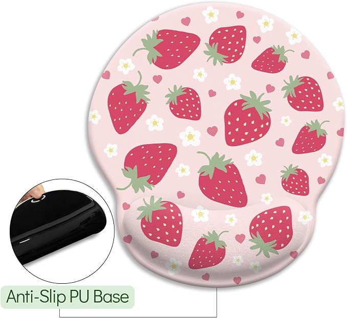 LIMKRIAN Pink Ergonomic Mouse Pad with Gel Wrist Rest, Strawberry Mousepad | Non-Slip PU Base, Smooth Surface, Comfort Wrist Support, Cute Home Office Decor School Supplies Desk Accessories for Women