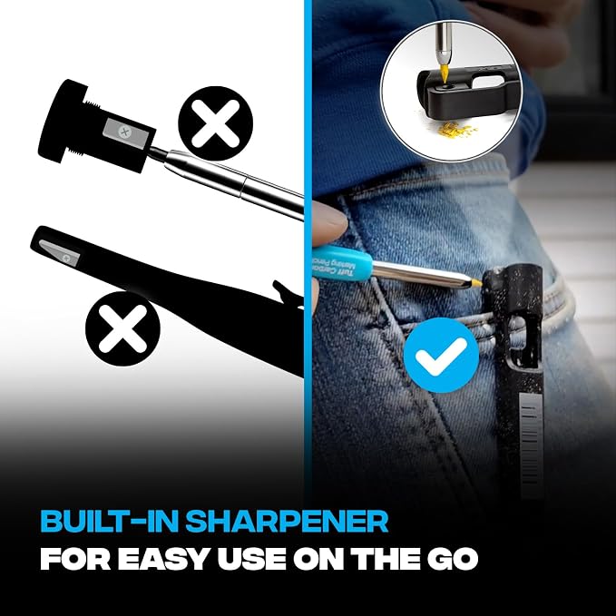 OX 2x Carpenter Pencil Set - Mechanical Construction Pencil, Sharpener | Pro Tuff Carbon marking, 2.8mm leads included, belt clip, needle-nose tip, stainless steel build