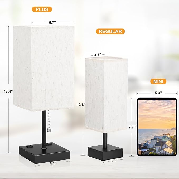 Bedside Lamp for Bedroom - 3 Color Temperatures, USB A+C, 2 AC Outlets | Pull Chain Switch, LED Bulb Included, Cream Fabric Shade, 17.4" Table Lamp for Nightstand, Desk, Living Room, Office