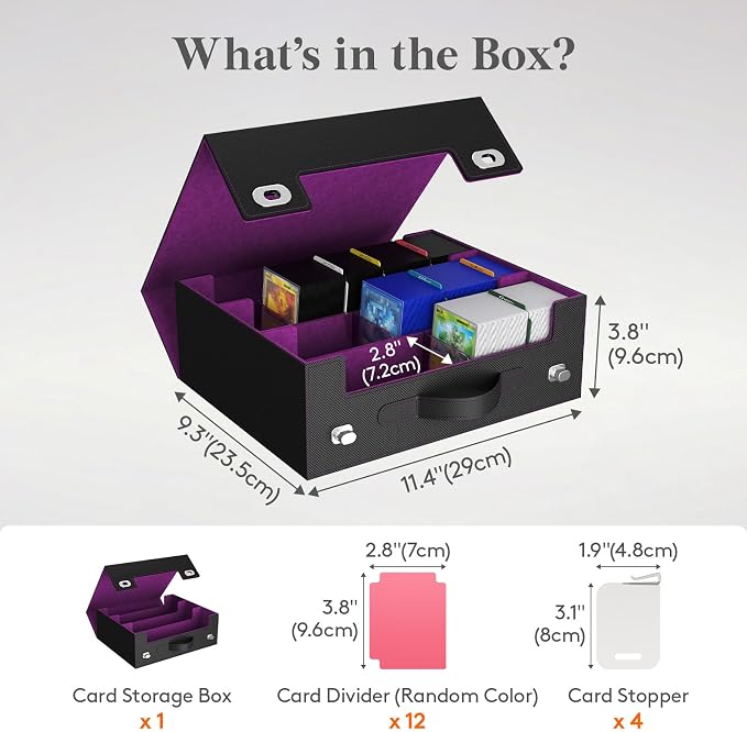 Lifewit Trading Card Storage Box with Handle, Holds Up to 1800 Sleeved Cards with 12 Adujstable Dividers & 4 Stoppers, Aluminum Closure PU Leather Case for MTG, PTCG, YGO, Sports Cards, Black& Purple