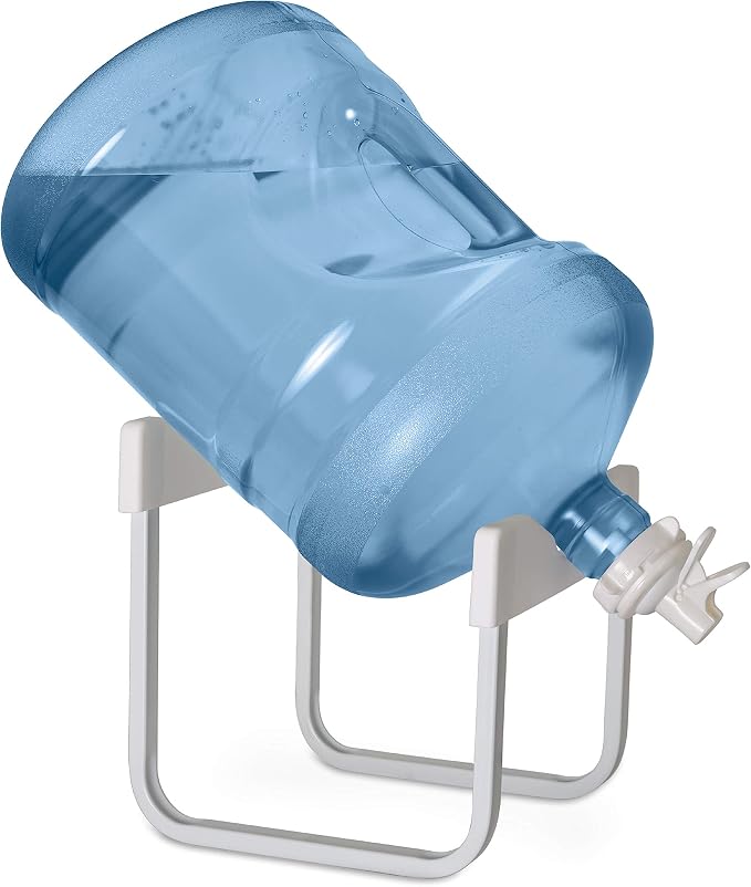 Brio Stainless Steel 3-5 Gallon Water Jug Stand and 2 Dispenser Valves, Non Slip Stand with BPA Free Fast Flow Water Spout Fits Both 48mm and 55mm Bottles 2 CAPS Included (White), 12 inches