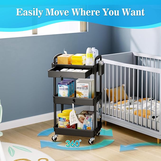 SUNALLY 3 Tier Rolling Cart with Drawer, Craft Storage Cart Organizer,Black | Bathroom Storage Organizer with 2 Lockable Wheels, Rolling Utility Cart for Kitchen, Office, Baby, Makeup, Nail,Snack,Laundry