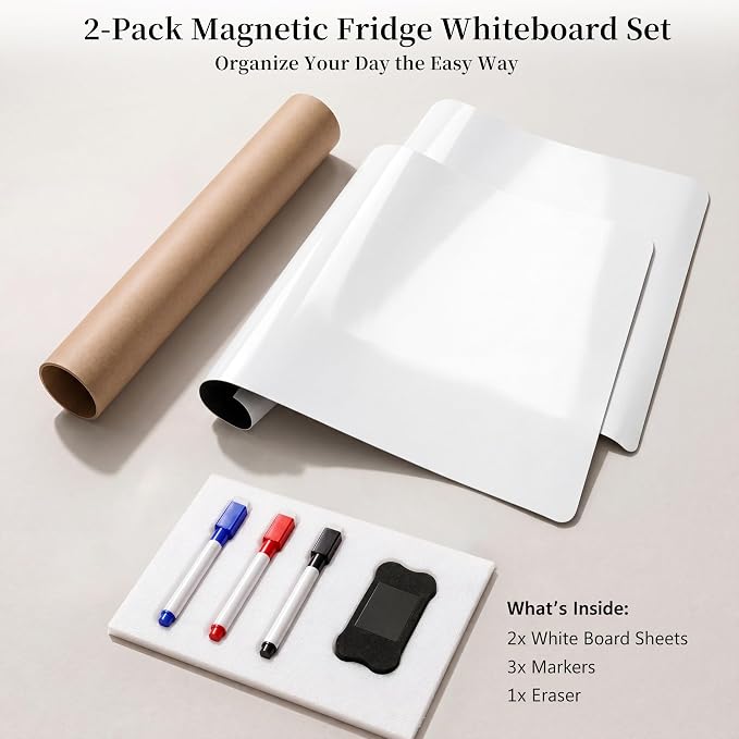 Magnetic Whiteboard for Kitchen Fridge: 2-Pack for a Clearer Week | Dry Erase Sheets for Shopping Lists & Weekly Menus - 12" x 18" Dual Purpose Refrigerator Set with 3 Markers & 1 Eraser