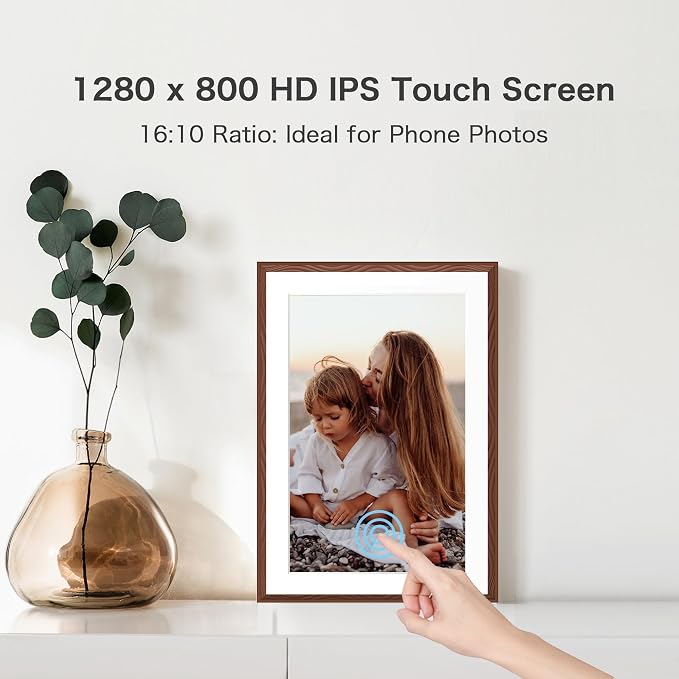 Digital Picture Frame, 10.1'' Frameo Digital Frame Wifi, 32GB Memory, 1280*800 HD Touch Screen Digital Photo Frame, Wall Mountable, Share Instantly, Birthday Gifts for Women, Mom Gift, Chocolate Brown