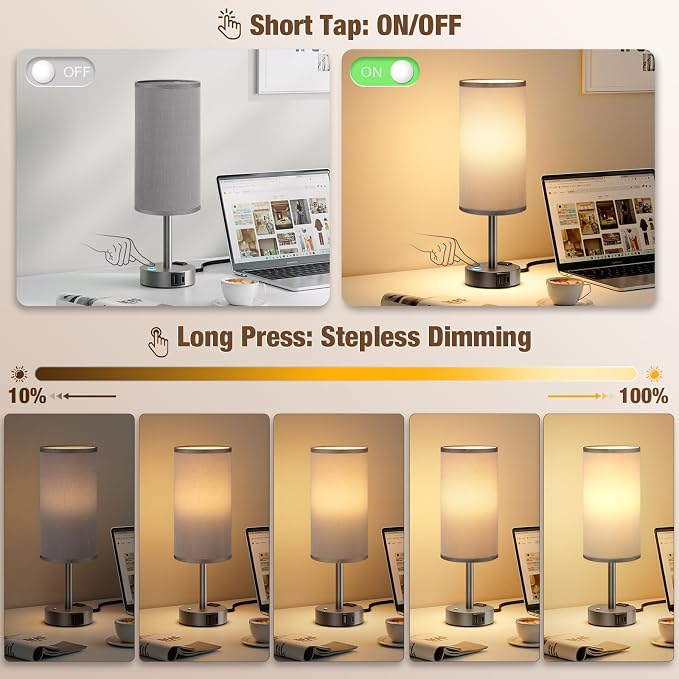 Grey Touch Bedside Lamp for Bedroom, Stepless Dimmable, USB A+C, AC Outlet | Base Touch Button Only, Memory Brightness, Ultra-dim Night Light, Included Bulb for Optimal Dimming, Grey Fabric Shade, Desk