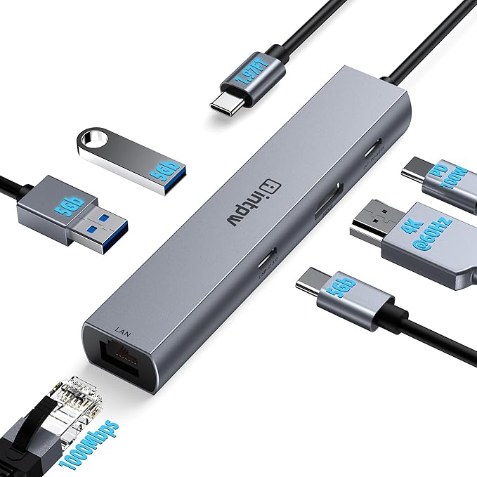 intpw USB C to USB A Hub 6 Ports with 4K HDMI Ethernet 100W PD Type C Hub USB 3.0 5Gbps Aluminum Adapter Multiport USB C Hub for Laptop, Mac, iPad, PC (1.97FT(6in1,HDMI 4K))