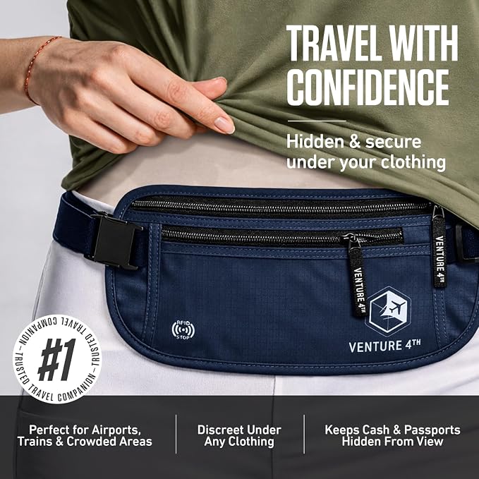 VENTURE 4TH Travel Money Belt, RFID Blocking Passport Holder - Navy Blue