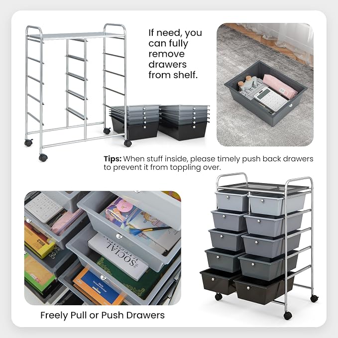 BECOMFORT 10-Drawer Rolling Cart with Drawers, Storage Cart on Wheels, Teacher Classroom Organizers with Metal Frame, Mobile Craft Cart, Trolley Utility Cart for School Office Play Room