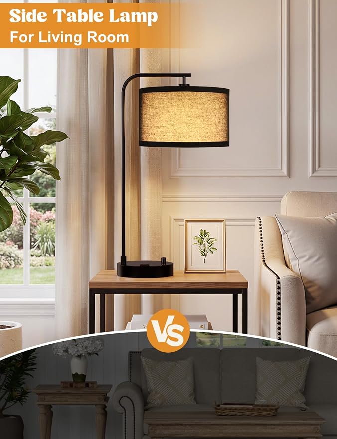 Innqoo Black Table Lamp for Bedroom with USB Port and Outlet, Dimmable Nightstand Bedside Lamps with Linen Lampshade, Desk Lamp for Home Office, Living Room, Guest Room, LED Bulb Included