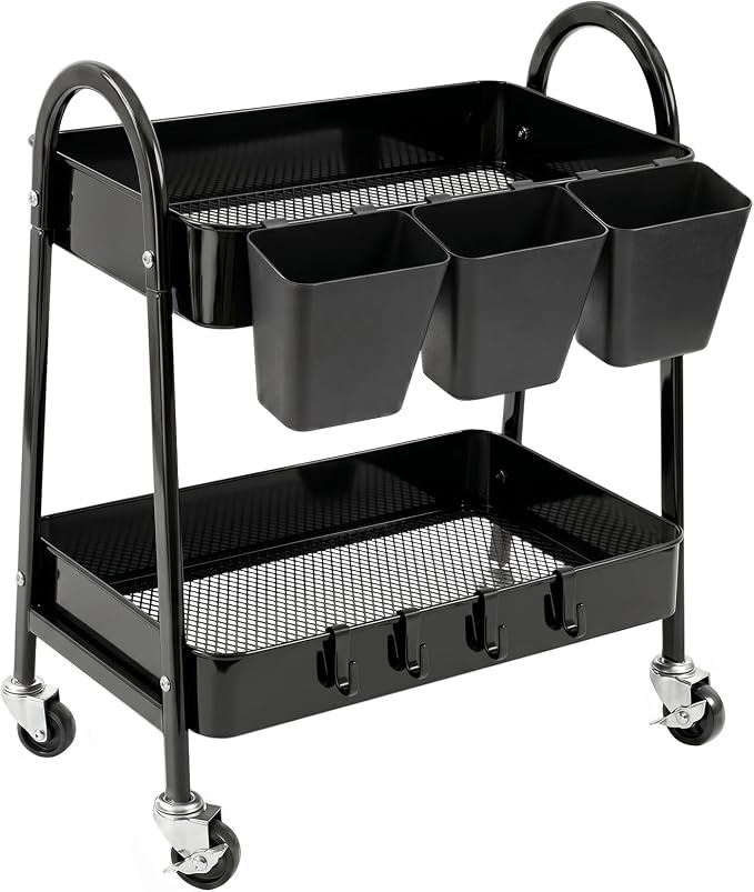 2-Tier Rolling Cart, Utility Cart Mobile Metal Rolling Storage Cart with Lockable Wheels & Hanging Cups & Hooks for Kitchen, Bathroom, Office, Workshop, Purple