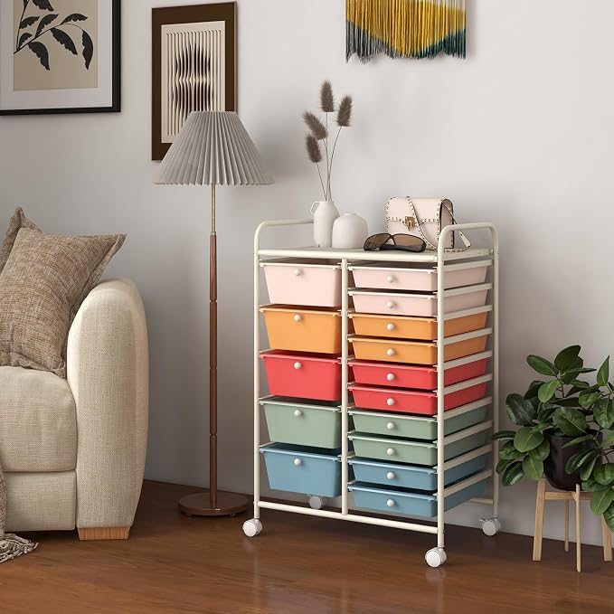 GLACER 15 Drawers Rolling Storage Cart, Steel Frame Craft Organizer Cart | Utility Cart w/Lockable Wheels & Sleek Handle, Mobile Art & Tool Supply Trolley for Teacher, Home, School, Office (Colorful)