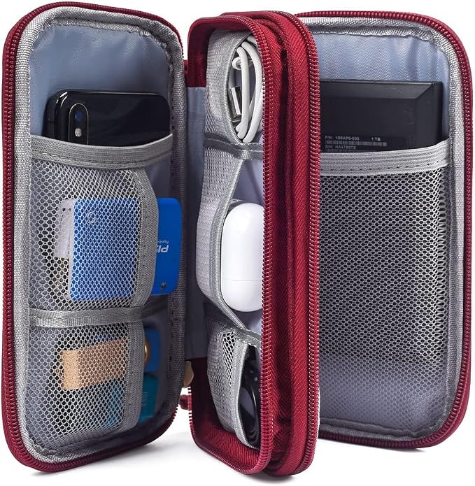 CAOODKDK Electronics Accessories Organizer Pouch Bag, Travel Universal Organizer for Cable, Charger, Phone, SD Card, Business Travel Gadget Bag (Wine Red)