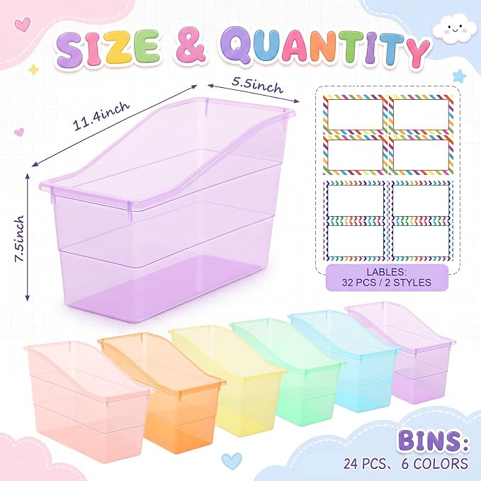 Blosssound 24 Set Book Bins for Classroom Stackable,Translucent Pastel | Plastic Baskets with Labels, Slanted Front, Library Supplies Organizers, Desktop Storage Bins, Teachers Home School Use