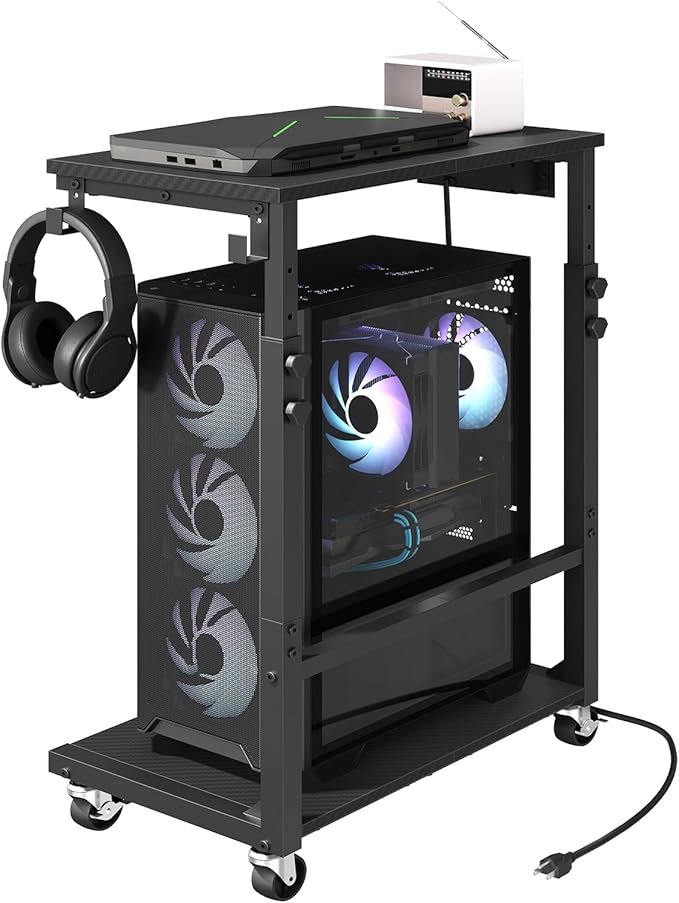 Computer Tower Stand with Power Outlet, Mobile PC Stand for Floor, Height Adjustable PC Holder Cart Under Desk, 26.6"-32.7" H, for Home Office, Gaming Room, Black PCHS215E01