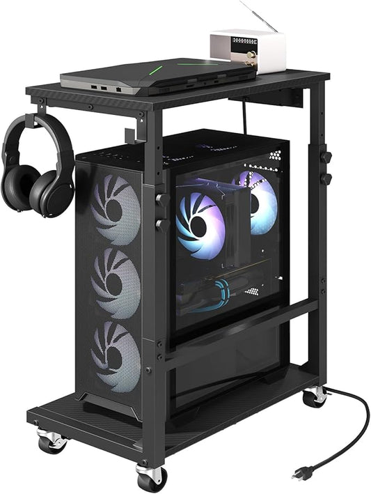 Computer Tower Stand with Power Outlet, Mobile PC Stand for Floor, Height Adjustable PC Holder Cart Under Desk, 26.6"-32.7" H, for Home Office, Gaming Room, Black PCHS215E01