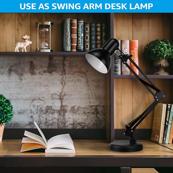 TORCHSTAR Metal Desk Lamp, Adjustable Swing Arm, E26, Black | Architect Gooseneck Multi-Joint Clip Table Lamp with Plastic Clamp, for Home Office, Work, Study, Reading, Bulbs not Included