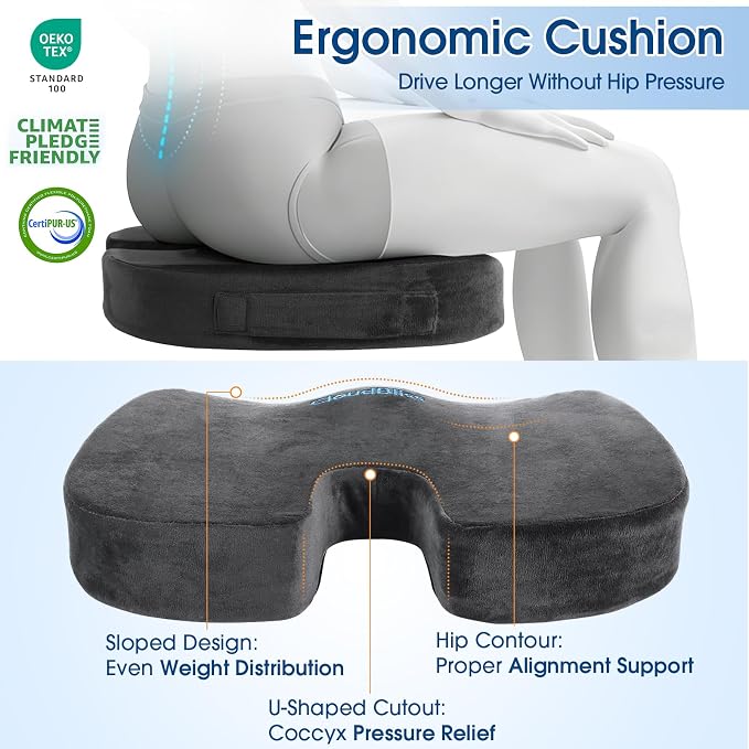 CloudBliss Lumbar Support Pillow & Seat Cushion Set for Office Chair, Desk Chair, Wheelchair & Car–Memory Foam Back Support, Ergonomic Chair Cushions,Sciatica Pain Relief,Home Essentials(Grey,XL)