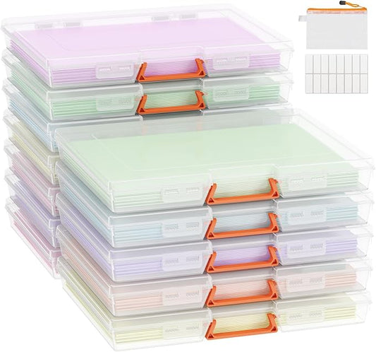 Lifewit 12 Pcs Board Game Storage Boxes, 12.2x10.6'' Paper Container with Secure Latch, Plastic Portable Organizer with Handle & Labels for File,Document,Puzzles, Cards, Art Supplies