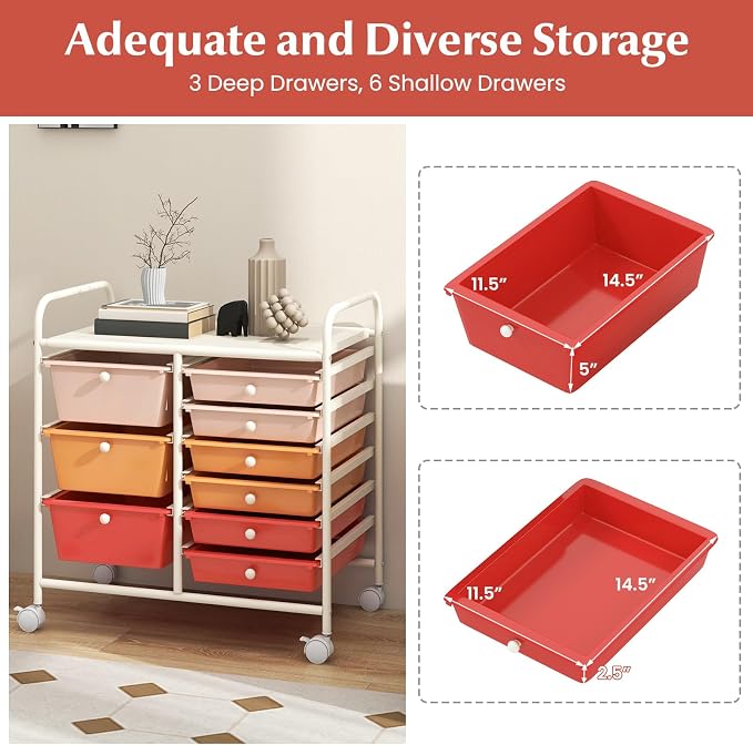 RELAX4LIFE 9 Drawer Rolling Storage Cart - Mobile Drawer Carts for Craft Art Supply Paper Salon, Utility Cart on Wheels for Classroom Teacher School Office, Rolling Cart with Drawers (Macaron)