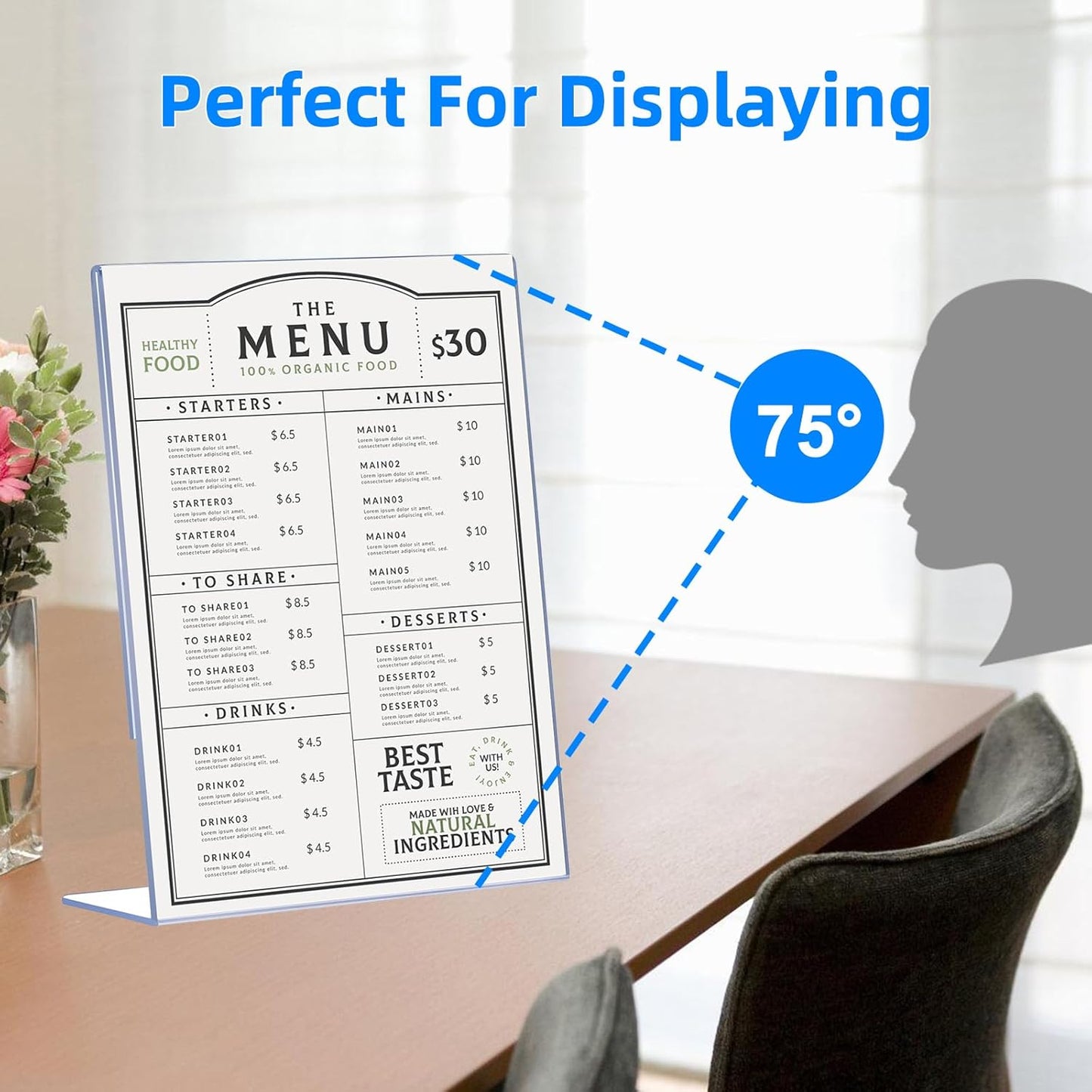 30 Pack Acrylic Sign Holder 8.5 x 11, Clear Plastic Display Stands for Tabletop, L-Shape Acrylic Stands for Flyers, Documents, Office, Restaurants, Vertical Sign Holder 8.5x11 for Desktop