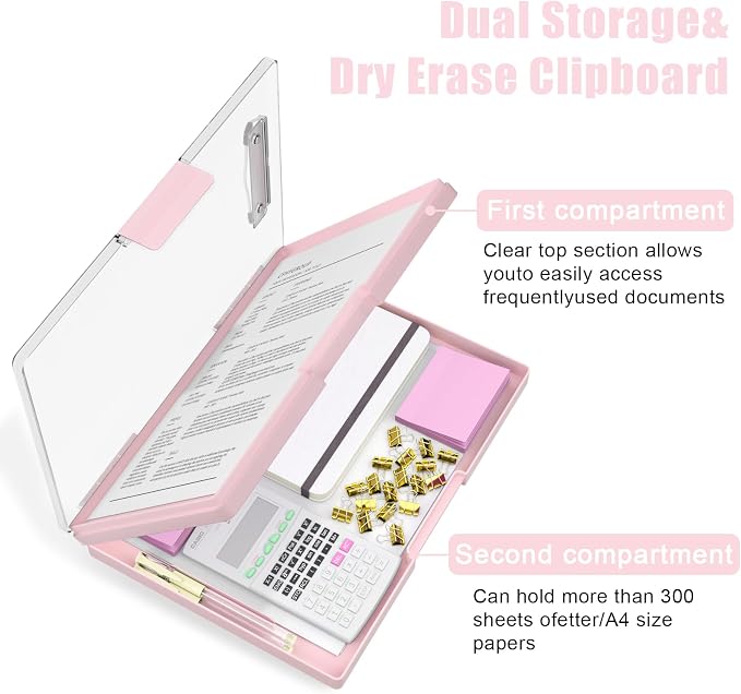 Hongri Clipboard with Storage, Pink 8.5 x 11 Clip Board, Dual Compartmen | Folder Nursing Side Opening, Heavy Duty Organization Box, Smooth Writing for Teachers, Classroom, Size 13.3 x 9.4 x 1.5 in