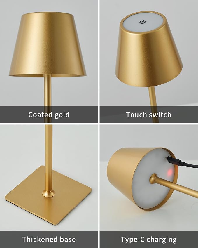 KDG Gold Cordless Table Lamps Set of 2, 4000mAh Rechargeable LED Desk Lamp | Portable, Battery Operated, 3 Color Stepless Dimming, for Restaurant, Outdoor Camping, Coffee Shop, Bedroom, Night Light