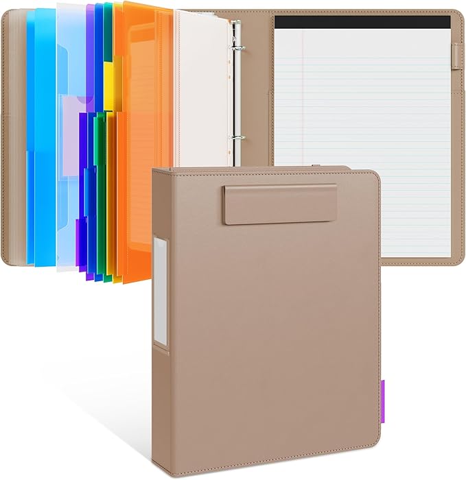 JoyCat 3 Ring Binder Clipboard with Storage, 5 Folders, Khaki | 3 ring clipboard portfolio combines five expandable folders, a refillable letter-size notepad and storage