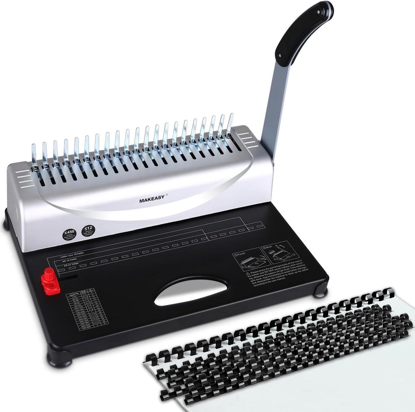 MAKEASY Binding Machine, 21-Hole, 450 Sheets, Comb Binding Machines with 1 Box Comb Bindings Spines, Comb Binder for Letter Size, A4, A5 Paper