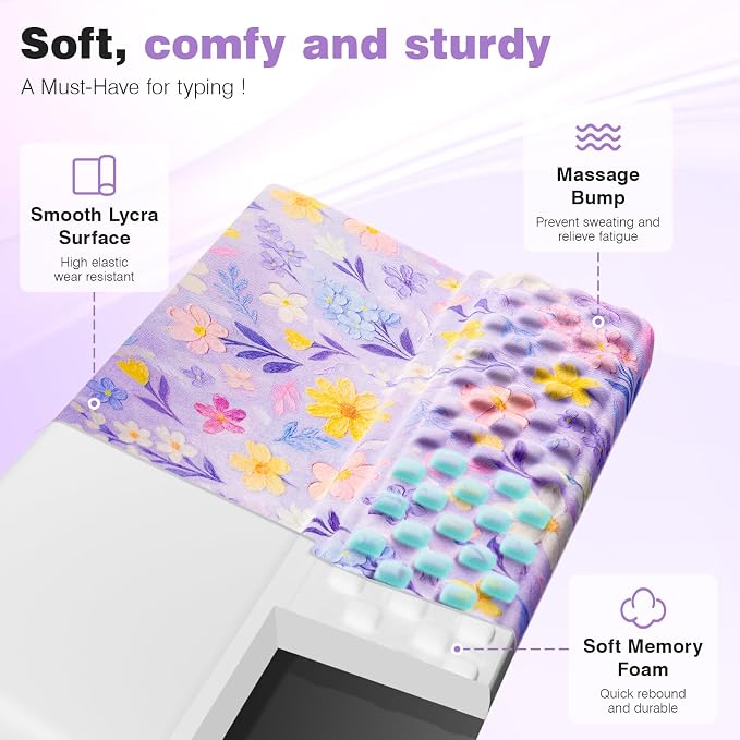 Ospelelf Keyboard Wrist Rest, Ergonomic Memory Foam Wrist Support for Typing & Gaming, Tilted Keyboard Stand Pad, Relief for Wrist Pain, Aesthetic Desk Accessories for Office, Purple Flower