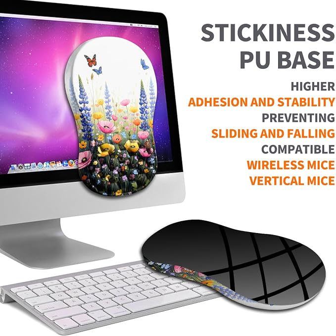 Ergonomic Joint Wrist Support Mouse Pad with Memory Foam Cushion Massage Bump, Carpal Tunnel Pain Relief Mousepad Slope Design for Wrist Rest, 11.8x7.9 in, Wild Flower