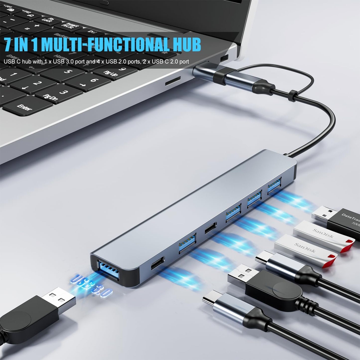 PANPEO Aluminum 7 in 1 USB C & USB Hub with USB 3.0, USB 2.0 Ports for PC/Laptops/MacBook Pro/Air/iMac/iPad and More Devices
