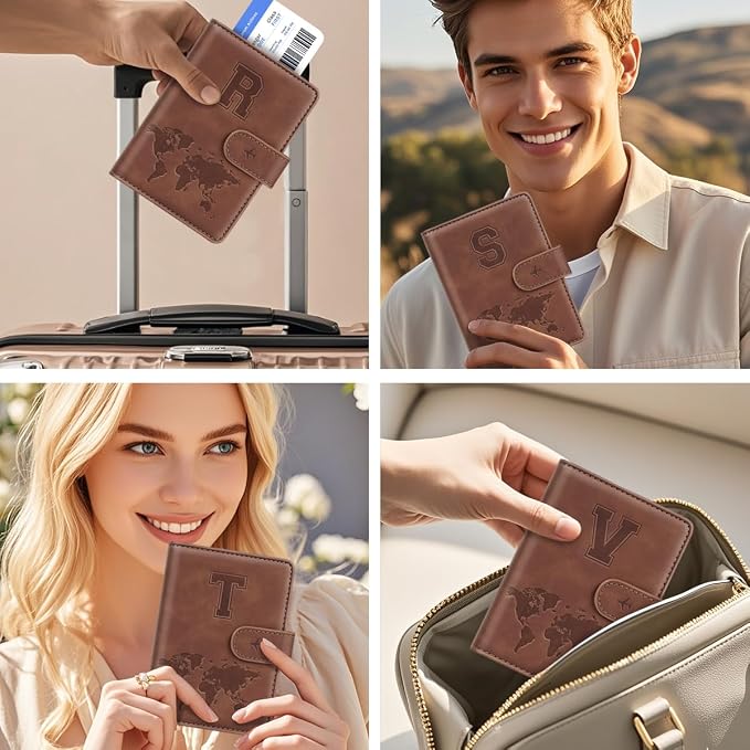 Passport Holder Wallet Cover Personalized Initial Travel Essentials | Embossed Letter A-Z Design, Travel Wallets, RFID Blocking, Passport Book Holders, Women Men, Personalized Gifts, Brown-R