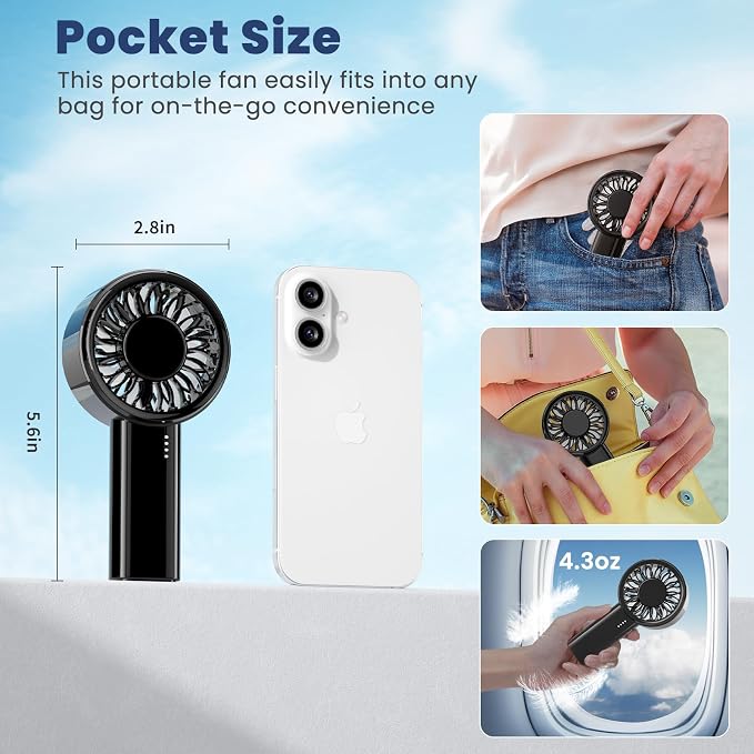 HandFan Handheld Mini Fan, Next Generation Small Fans Portable [8.5H Runtime] with Powerful High Speed Turbo Motor, USB Rechargeable, Pocket Design for Travel/Summer/Concerts/Lash, Gifts for Women