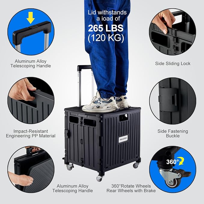 MACOPRO Folding Utility Cart Portable Rolling Crate Handcart Shopping Trolley Collapsible Tool Box, with Lid, Basket on 4 Rotate Wheels, for Grocery, Office, Luggage, Teacher (Black)
