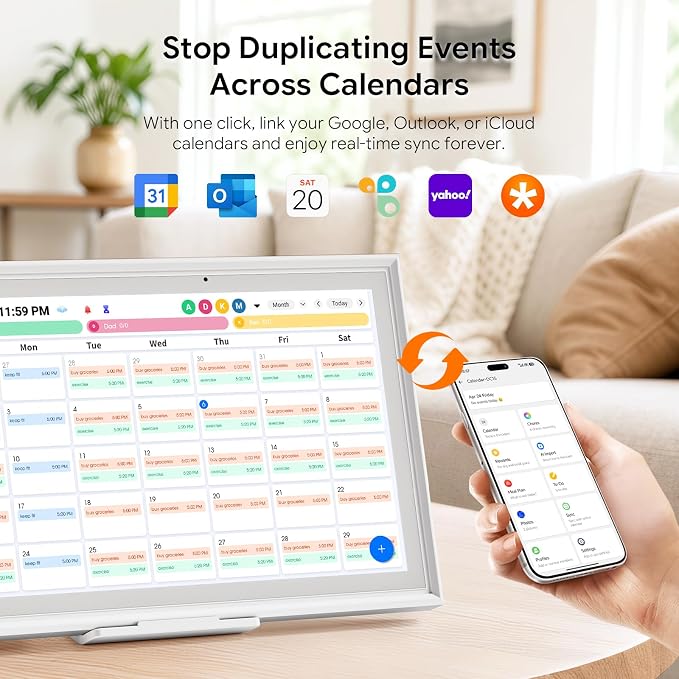 15.6" 1080P HD Digital Calendar&Photo Frame, Auto-Sync to iCloud&Google&Outlook, Touchscreen Wall Planner, Chore Chart, To-Do&AI Meal Planner, No Subscription, Wall/Desk Mount, Gift for Mom