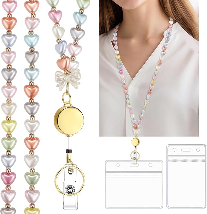 Teacher Lanyard with ID Holder Cute Beaded Lanyards for ID Badge Holders Retractable Badge Reel （Heart）
