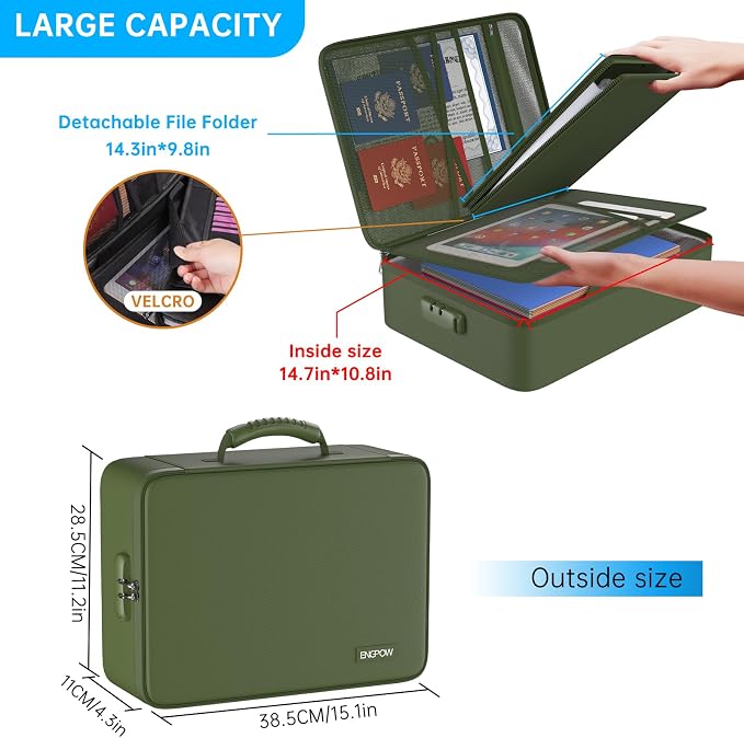 ENGPOW Fireproof Document Organizer Bag with Lock ＆ Accordion File Folder | 5200℉ Multi-Layer File Organizer Box with Lock ,Heat Insulated, Water Resistant, Safe Storage for Home Office Travel,Green