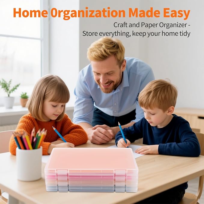 4 Pack A4 Frosted Paper Organizer Box,Project Scrapbook Paper Organizer Containers Portable File Storage with Tight Latch & Suspension Hole & Christmas Stickers for Art Supplies 8.5" x 11" US Letter
