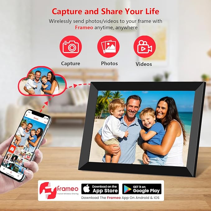 Frameo 10.1 Inch WiFi Digital Photo Frame with Calendar, 32GB Digital Picture Frame with 1280x800 IPS HD Touch Screen, Auto-Rotate Wall Mount, Easy Share Photos/Videos from Phone - Gifts for Mom
