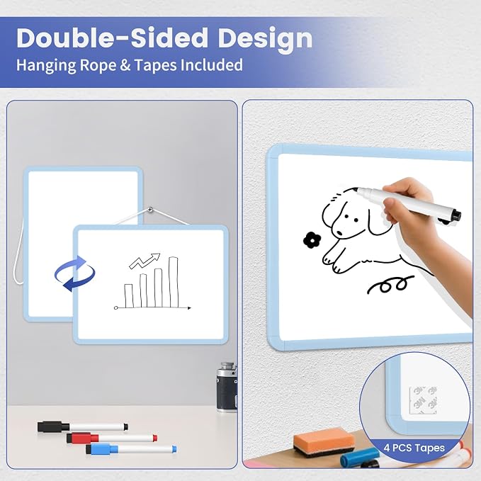 Small Wall White Board, 11" x 14" Mini Double-Sided Magnetic Dry Erase Board with Plastic Frame, Hanging Whiteboard with 5 Markers for Kids Students School Kitchen Home & Office, Blue