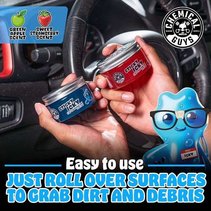Chemical Guys, Sticky Icky Cleaning Gel, Green Apple & Strawberry, 2 Pack | For air vents, dashboards, and keyboards, reusable, for vents, cup holders, and keyboards, use for dashboard crevices