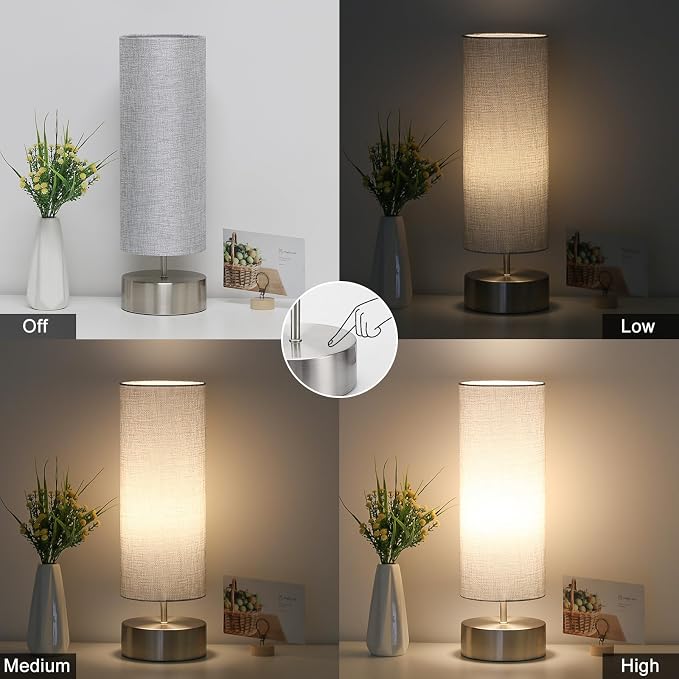 Bedside Touch Lamp, 3 Way Touch Control Table Lamp, Modern Nightstand Lamp | Silver Base with Gray Cylinder Shade, Simple Dimmable Night Light for Bedroom Living Room Kitchen, LED Bulb Included